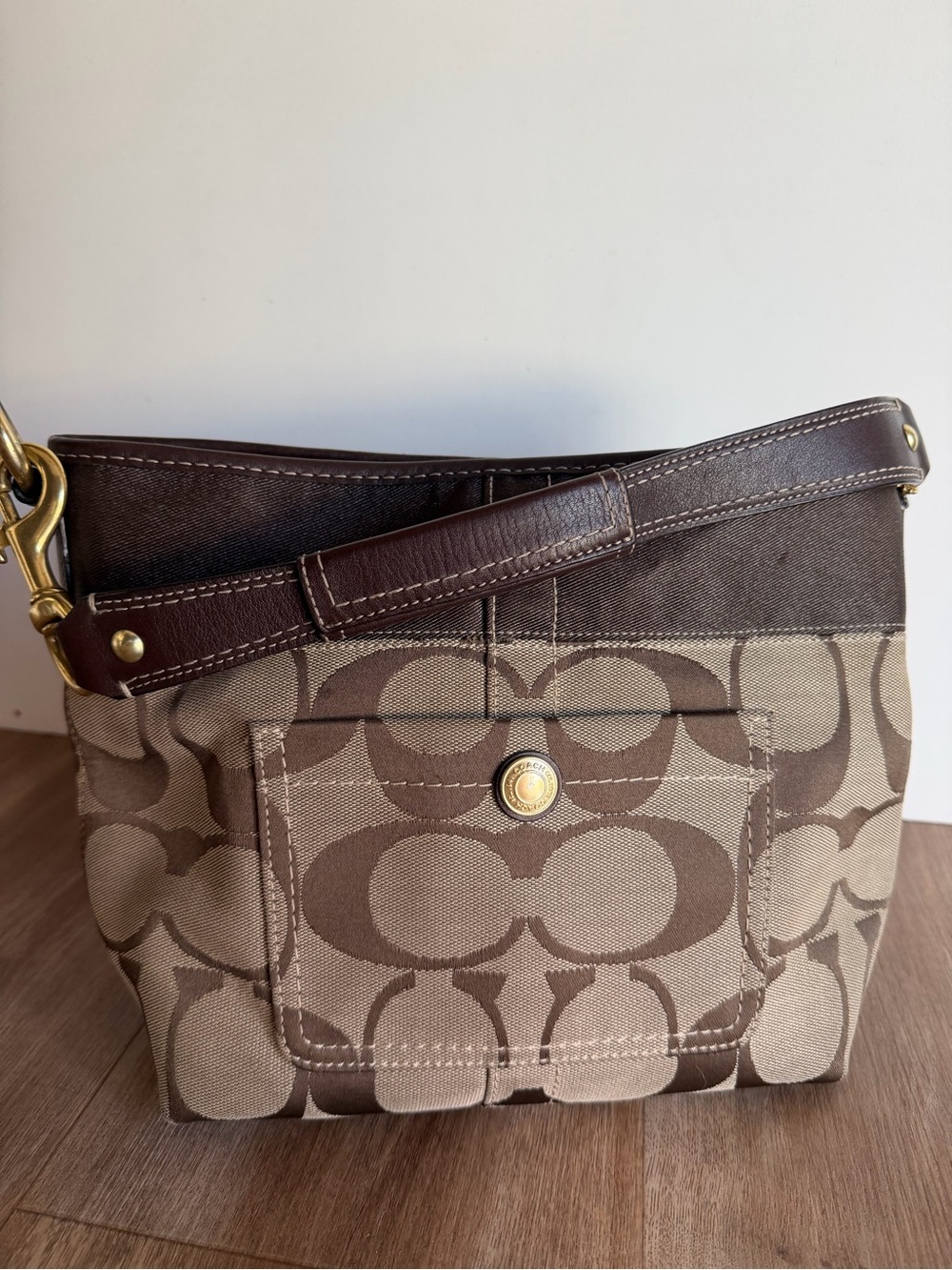 Coach Brown Signature Canvas Shoulder Bag with Dark Brown Leather Trim